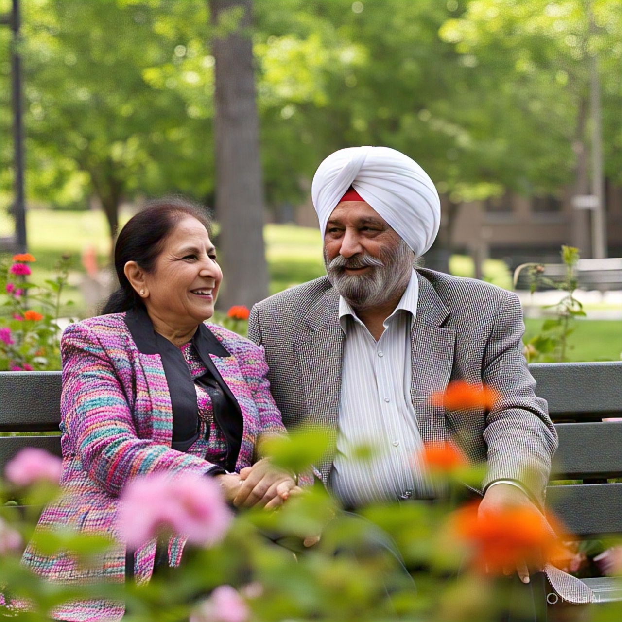 Elderly couple sitting in a park